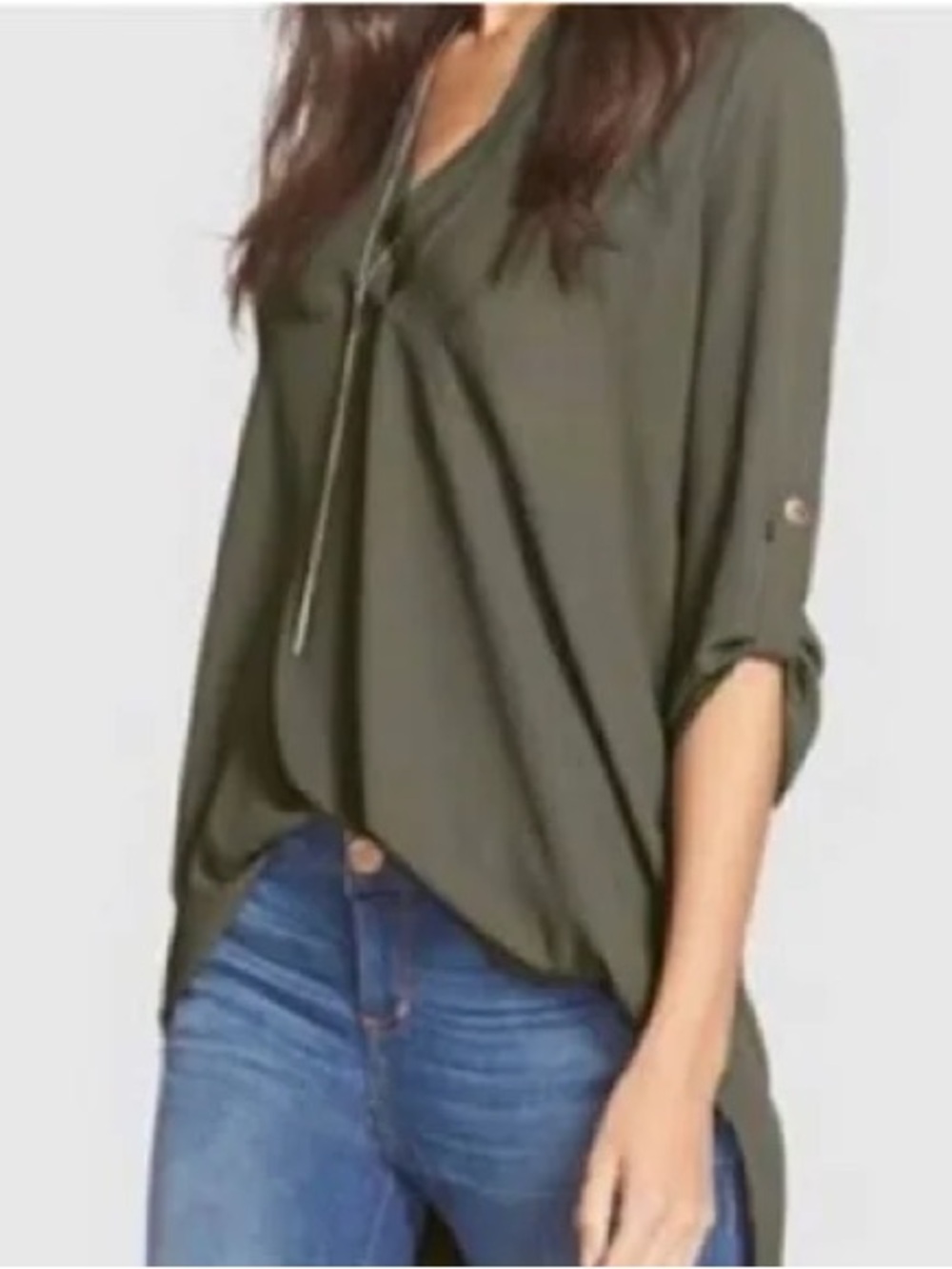 Lush Army Green V-Neck 3/4 Length Sleeve Tunic Top